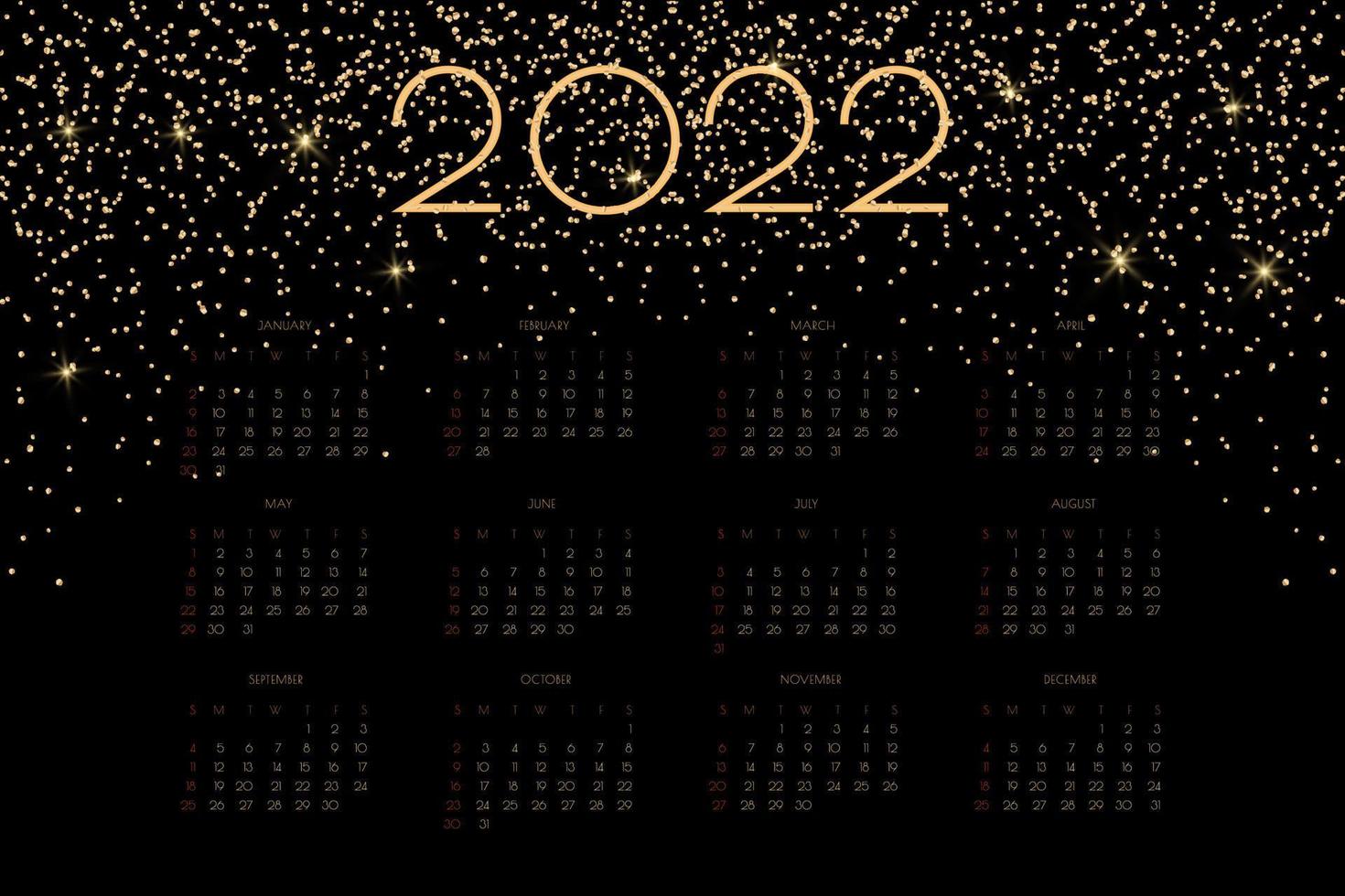 2022 kalender met luxe gouden glanzende glitter en fakkels, rijk horizontaal ontwerp voor wand- of tafelkalenderplanner vector