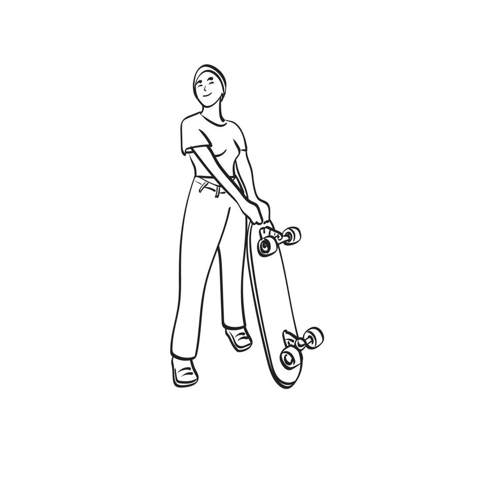 staande vrouw met skateboard illustratie vector hand getekend geïsoleerd op een witte achtergrond lijntekeningen.