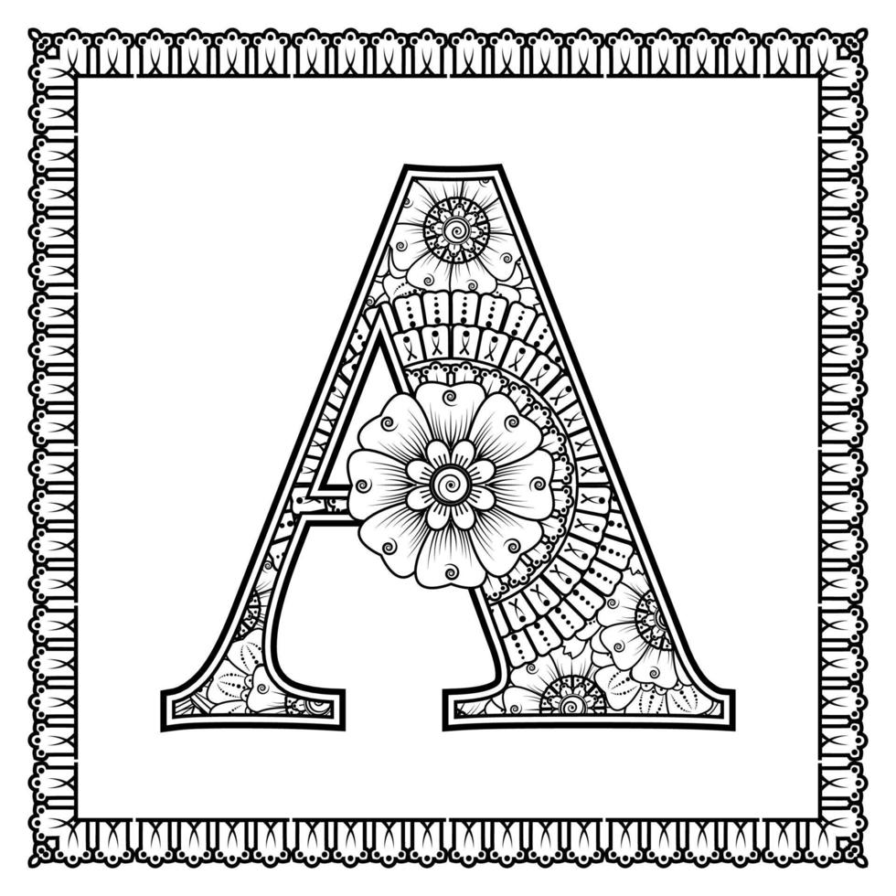 letter a gemaakt van bloemen in mehndi-stijl. kleurboek pagina. schets hand-draw vectorillustratie. vector