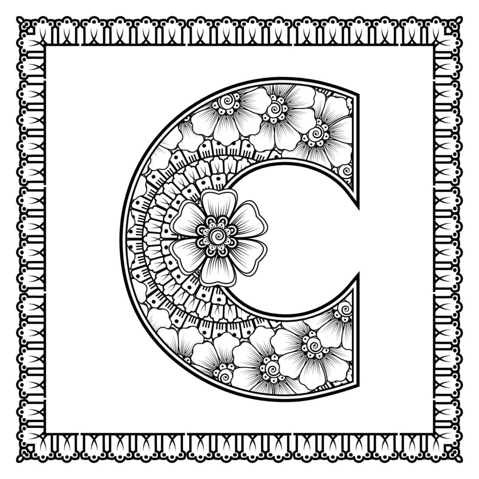 letter c gemaakt van bloemen in mehndi-stijl. kleurboek pagina. schets hand-draw vectorillustratie. vector