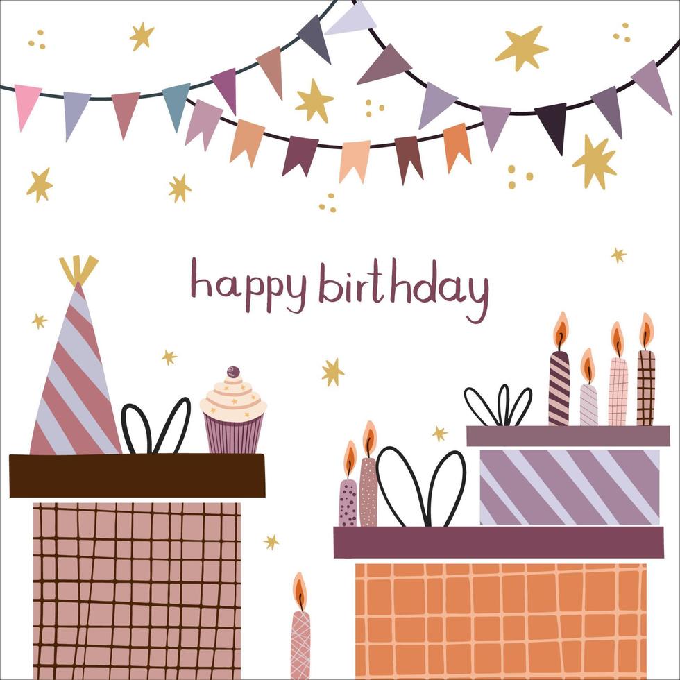 illustratie met cadeautjes, verjaardagspet, cupcake, kaarsen en vlaggen, inscriptie gelukkige verjaardag vector