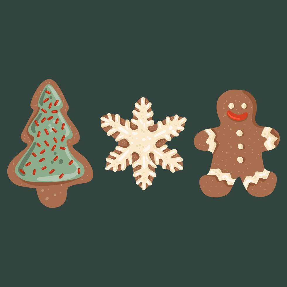 leuke set van 3 peperkoek geglazuurde kerstkoekjes op groene achtergrond. vector