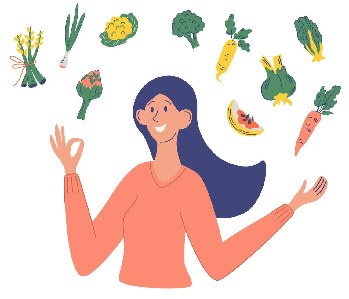 lachende vrouw met groenten. gezonde voeding, concept van dieet, raw food dieet, vegetarisch. grappige jonge veganistische vrouw. platte cartoon vectorillustratie vector
