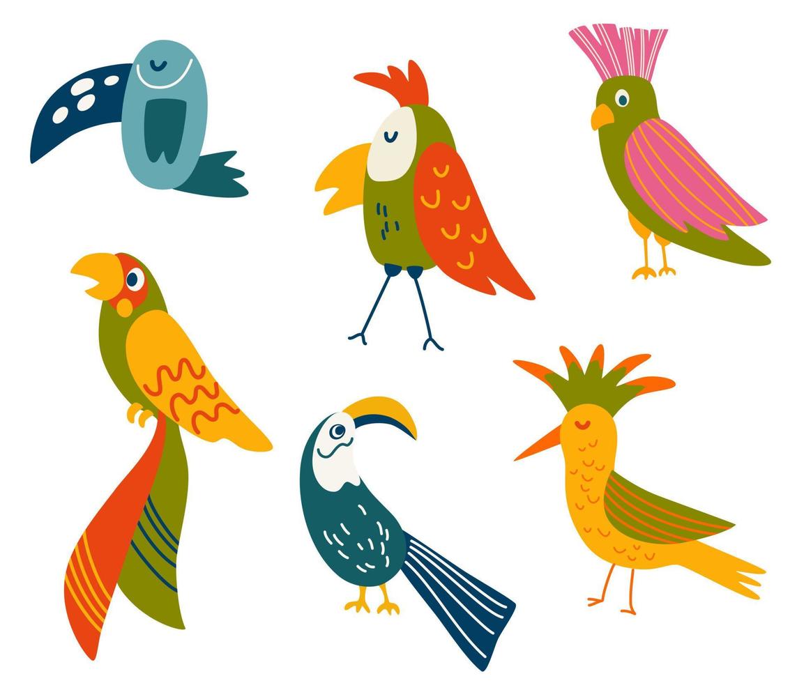 papegaaien instellen. leuke cartoon verschillende tropische vogels. heldere zomercollectie met dierlijke karakters. hand tekenen vectorillustratie vector