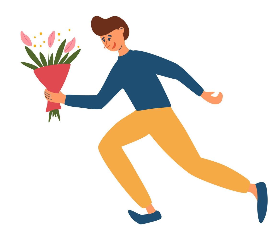 man loopt met een boeket bloemen. jonge jongen haast zich op een date. romantisch, vriendje, groet. perfect voor onderwerpen als heilige valentijnsdag, festival, feest. platte cartoon vectorillustratie vector