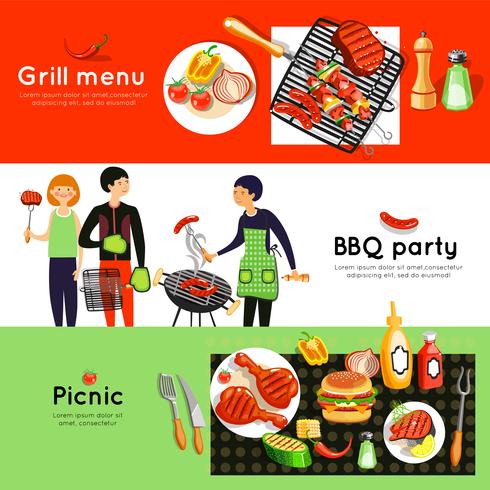 Barbecue partij 3 horizontale banners instellen vector