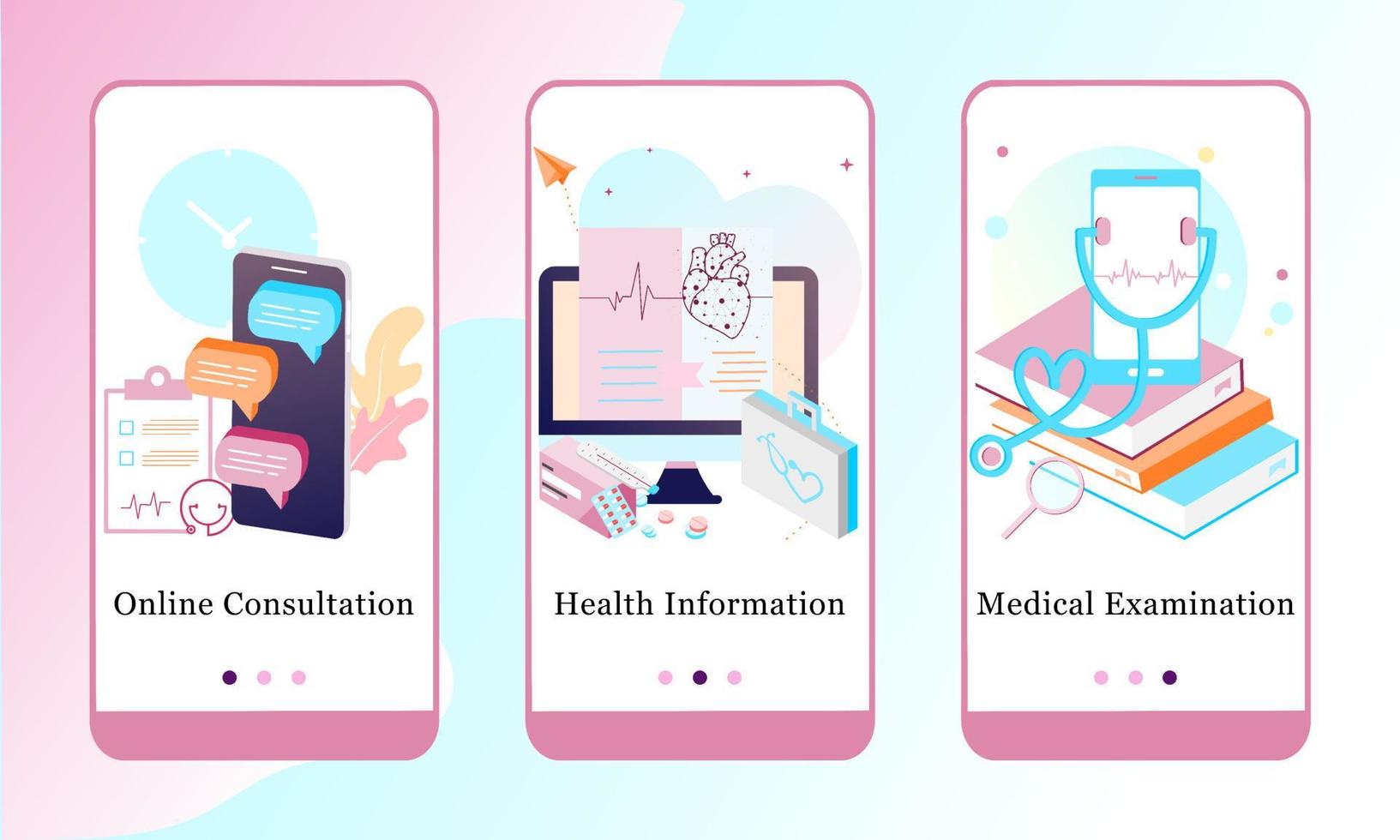 toepassingsontwerpset voor online consultatie, gezondheidsinformatie, medisch onderzoek. ui onboarding schermen ontwerp. mobiele app-sjabloonwebsite. 3D-moderne vectorillustraties voor gebruikersinterface. vector