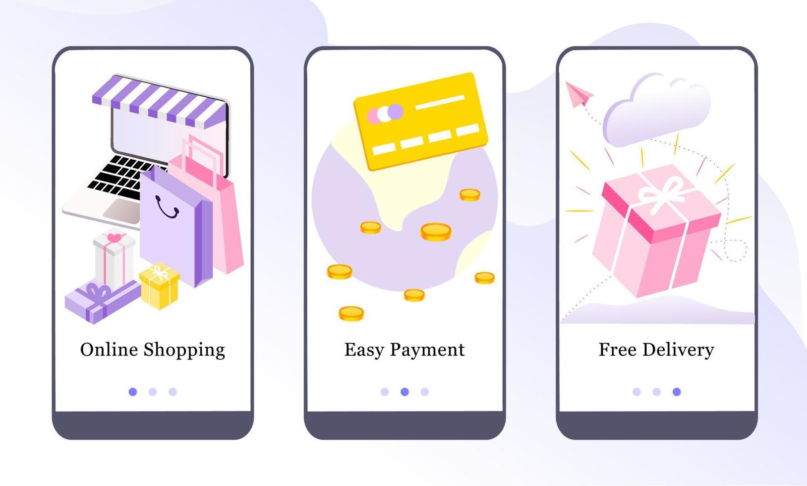 vectorillustratie van online winkelen, eenvoudige betaling en gratis bezorgservice op de onboarding-app-schermen en webconcept. interface ux, ui gui-schermsjabloon voor banners voor smartphones of websites. vector