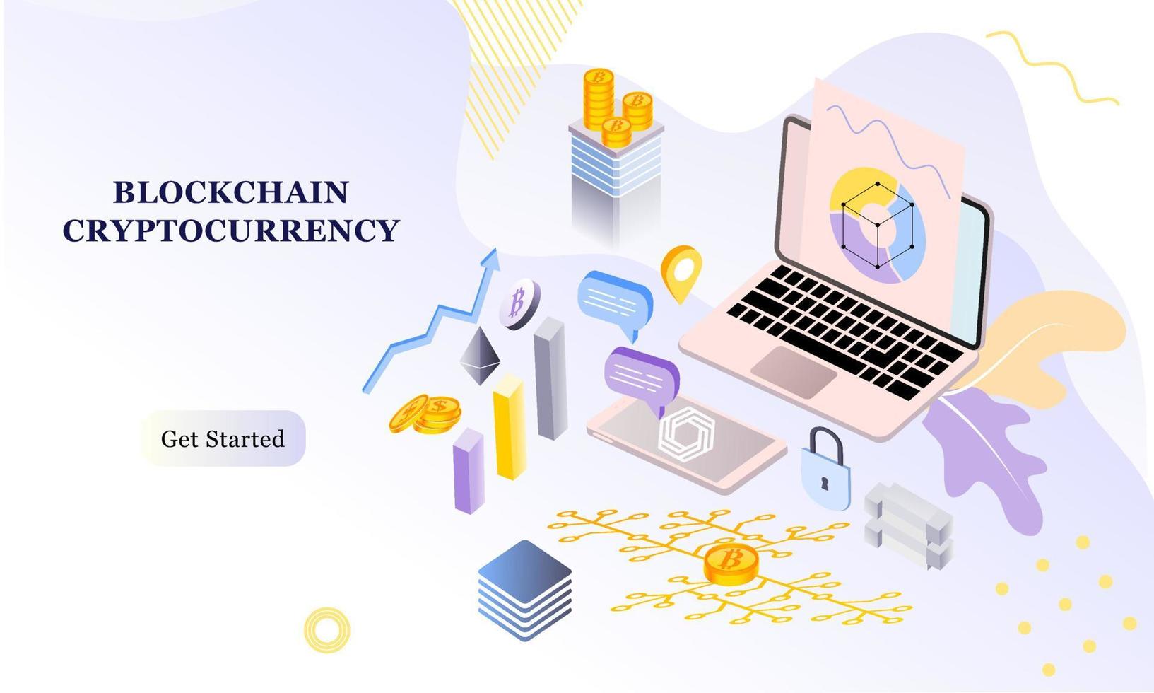 moderne platte ontwerp isometrische achtergrond van blockchain en cryptocurrency voor banner en website. sjabloon voor bestemmingspagina's. virtuele contante transactie, cryptocurrency blockchain-concept. vector illustratie