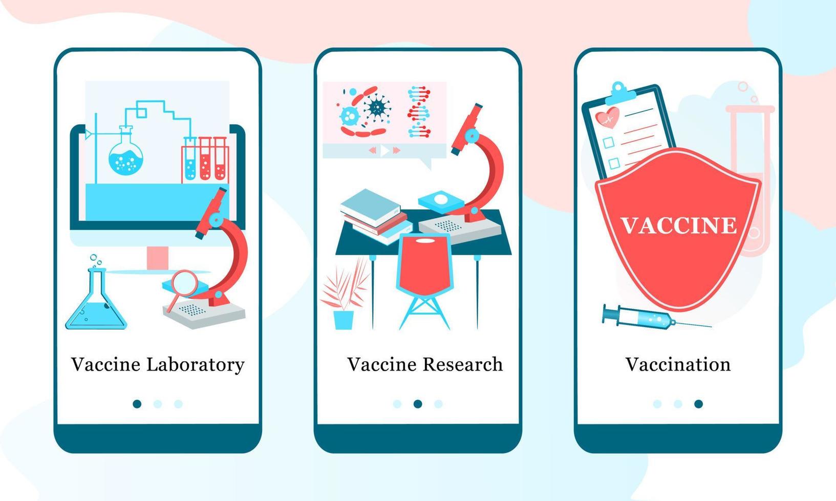 toepassingsontwerpset voor vaccinlaboratorium, vaccinonderzoek en vaccinatie. ui onboarding schermen ontwerp. mobiele app 3d isometrische sjabloonwebsite. moderne vectorillustraties voor gebruikersinterface vector