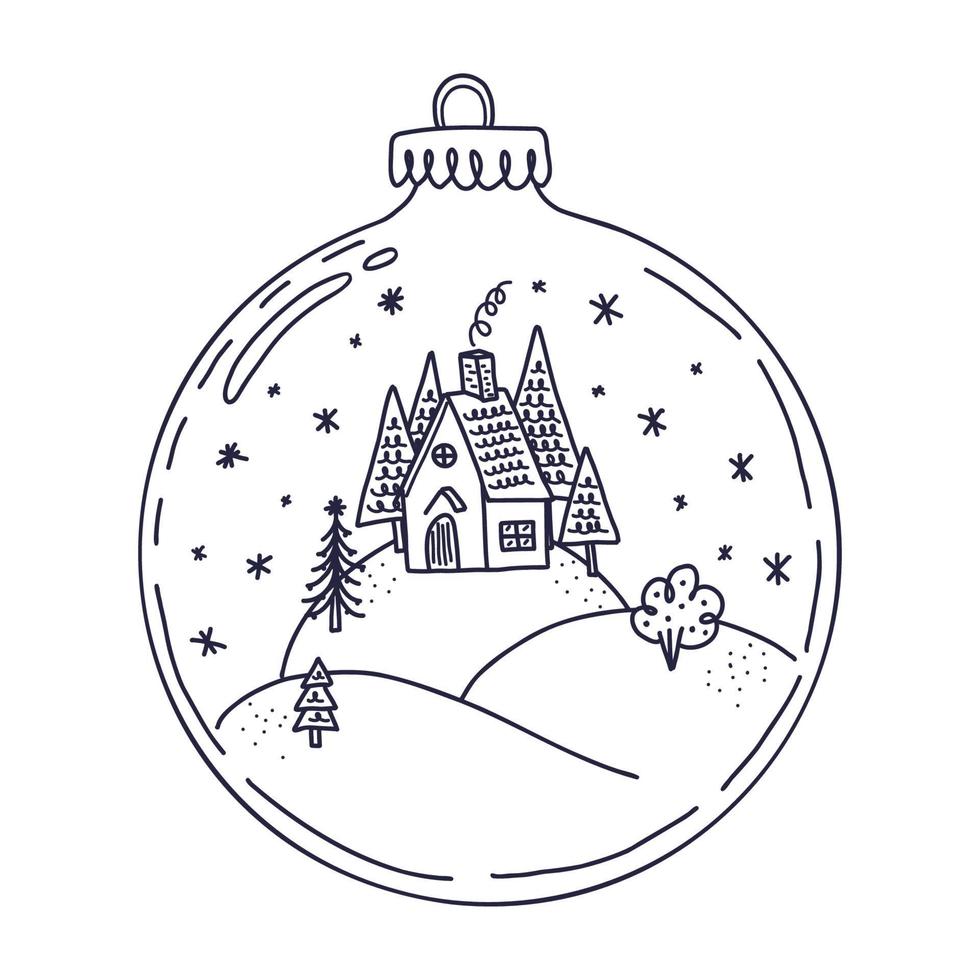 kerst ontwerpelement. doodle stijl. huis in de kerstbal winter illustratie voor groet en uitnodigingskaart ontwerp en decoratie vector