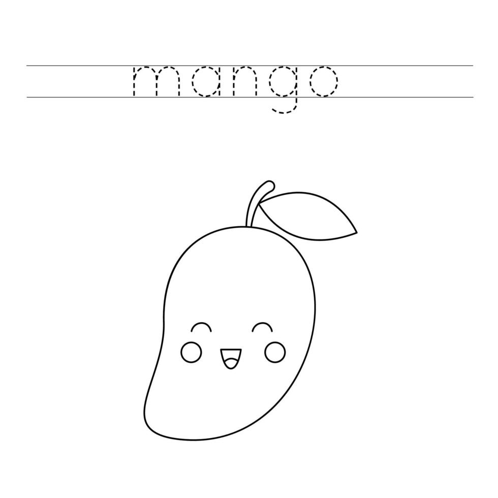 traceer de letters en kleur schattige mango. handschriftoefeningen voor kinderen. vector