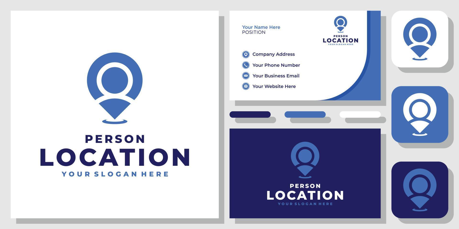 mensen locatie persoon pin kaart mens vind internet plaats gps logo-ontwerp met sjabloon voor visitekaartjes vector