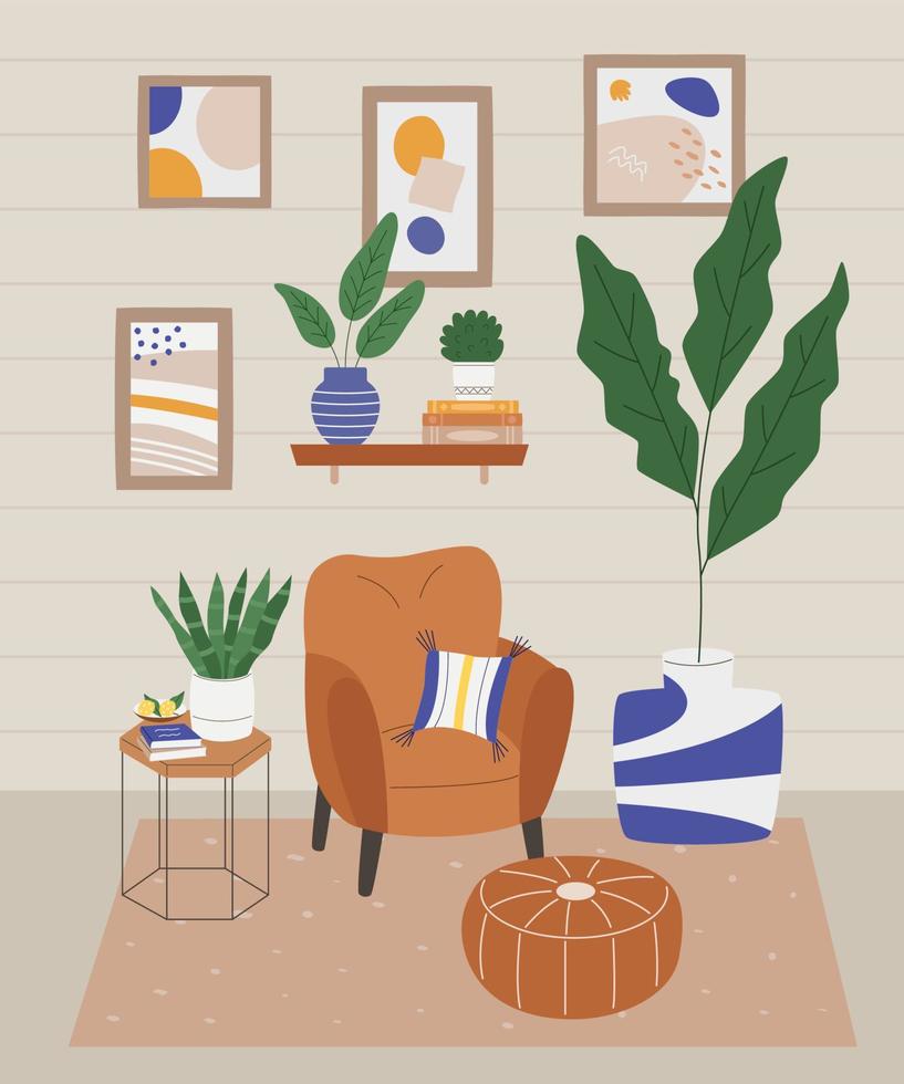 modern interieur met fauteuil en planten vector