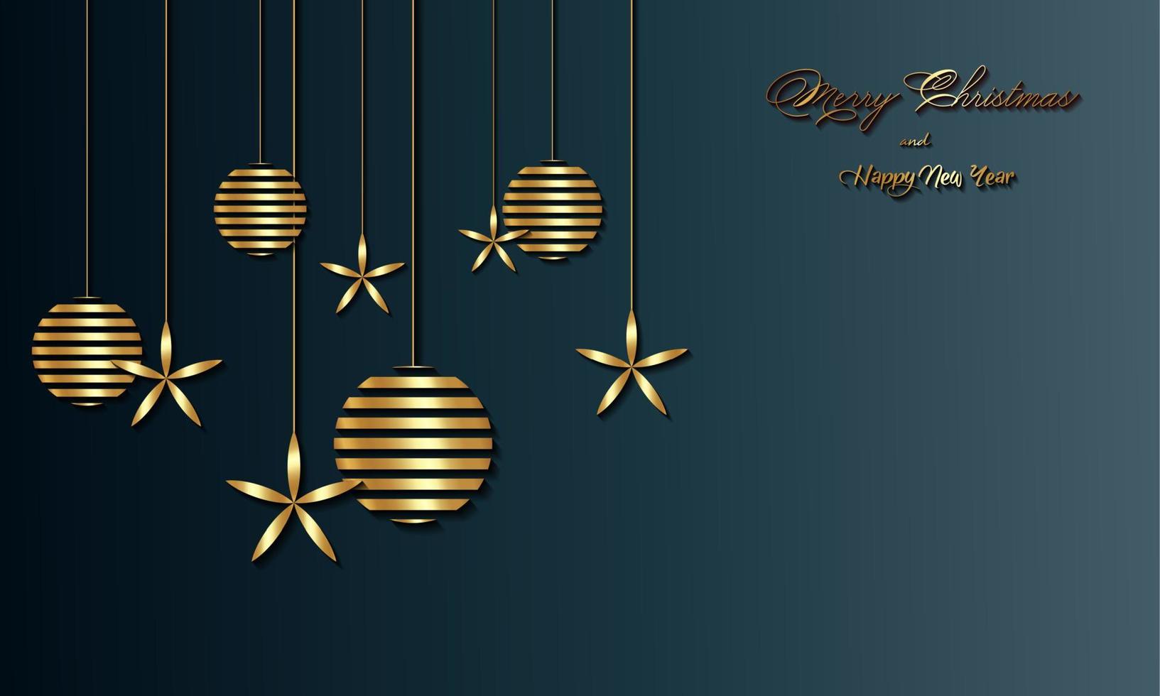 luxe kerstvakantiebanner met gouden handgeschreven prettige kerstdagen en gelukkig nieuwjaarsgroeten en goudkleurige kerstballen. vectorillustratie geïsoleerd op blauwe achtergrond vector