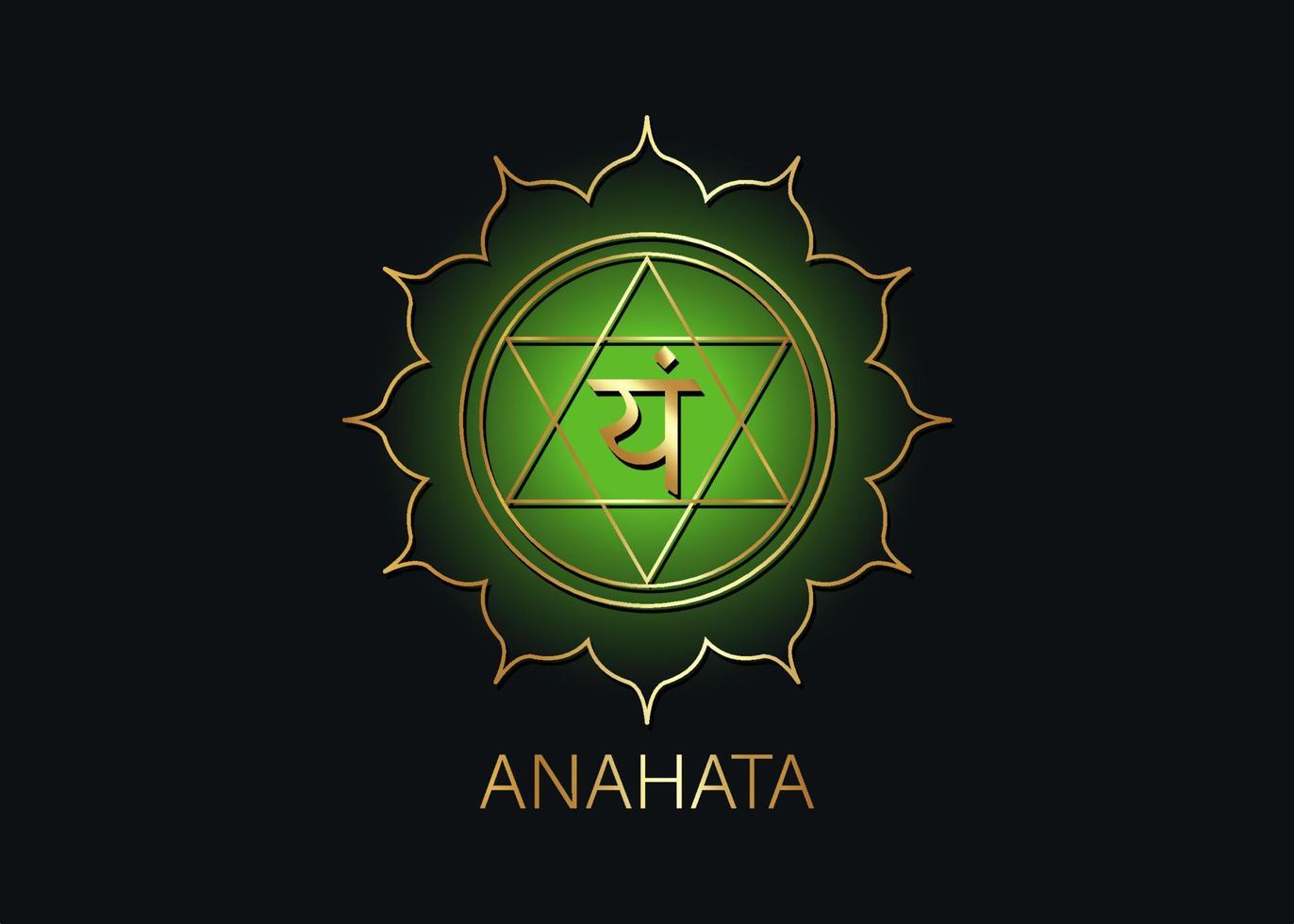 anahata vierde chakra met de hindoe sanskriet zaad mantra vam. groen is een plat ontwerpstijlsymbool voor meditatie, yoga. gouden logo sjabloon vector geïsoleerd op zwarte achtergrond