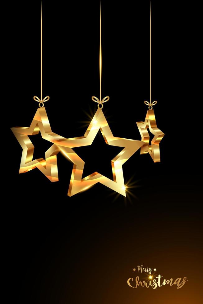 kerstballen in 3D-sterrenvorm, kerst luxe vakantiebanner met set gouden ster, vrolijk kerstfeest en gelukkig nieuwjaar wenskaart. gouden luxe vectorillustratie geïsoleerd op zwarte background vector