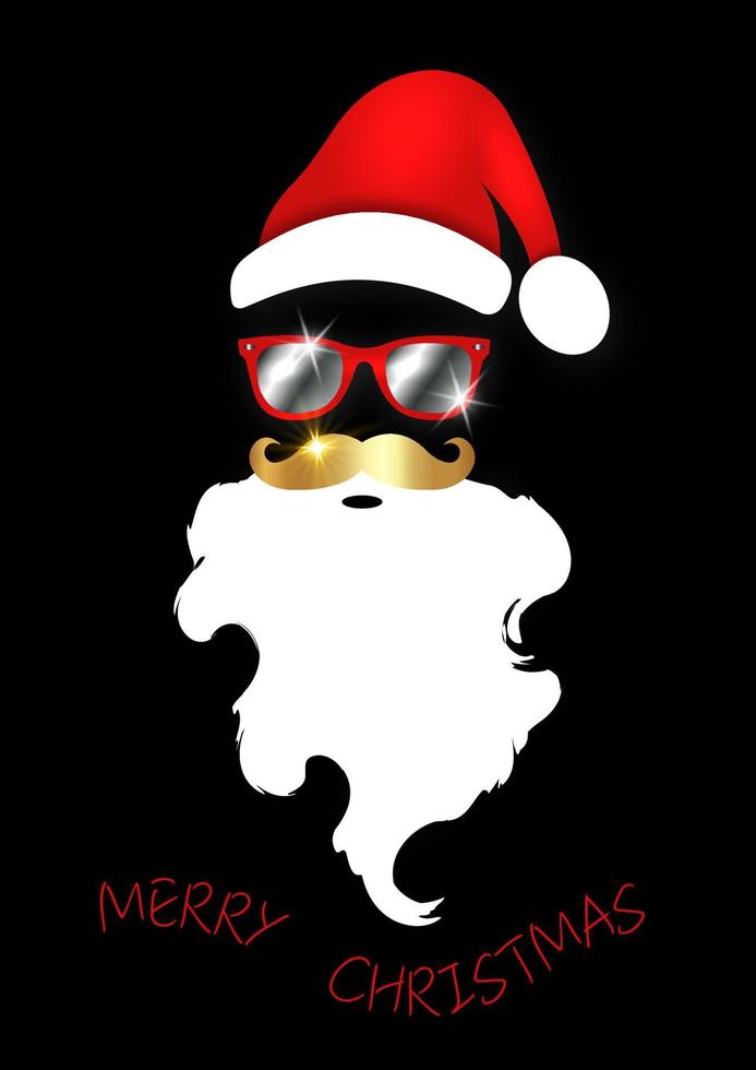 kerstman rode kerstmuts, witte baard, gouden snor en mode gespiegelde zonnebril, feestelijke kerstfeestdecoratie. vectorillustratie voor briefkaart feestuitnodiging geïsoleerd op zwarte achtergrond vector