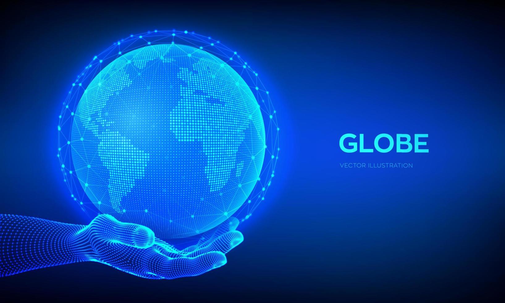 aarde wereldbol illustratie. wereldkaart punt en lijn samenstelling concept van wereldwijde netwerkverbinding. blauwe futuristische achtergrond met planeet aarde in wireframe hand. vectorillustratie. vector