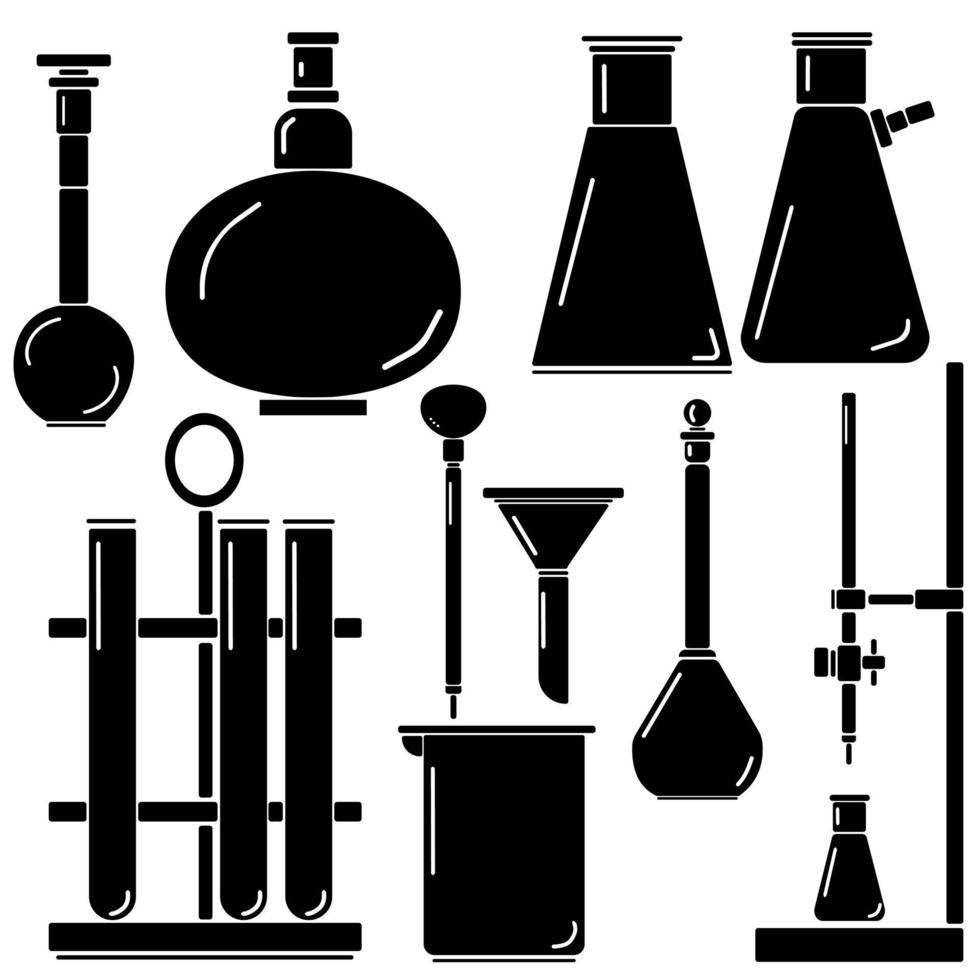 set silhouetten van laboratoriumglaswerk, kolven in verschillende vormen en maten, reageerbuisjes, pipet, gieter, titratie, apparatuur voor wetenschappelijk en medisch onderzoek vector