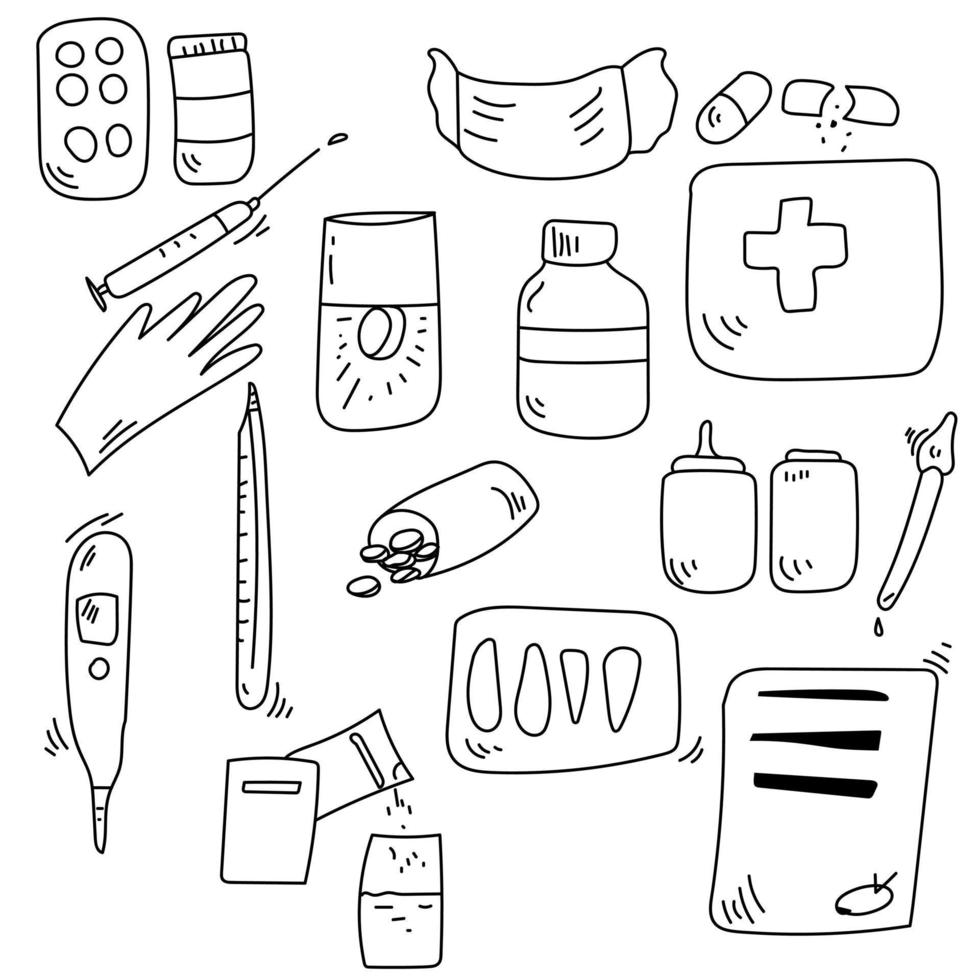 medische doodles, schetstekeningen rond het thema van de EHBO-doos voor thuis vector