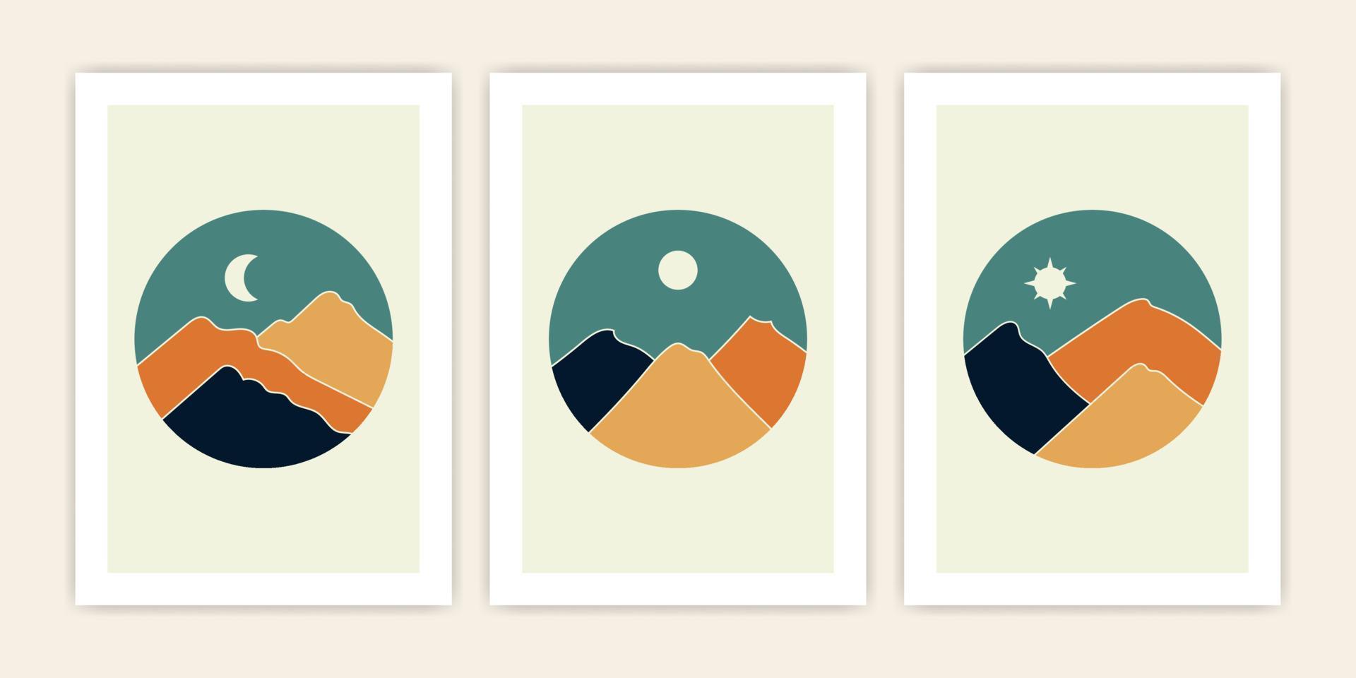 set van abstract berglandschap met cirkelvorm. vector dekking abstract ontwerp.