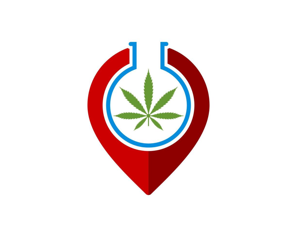 pinlocatie met flessenlaboratorium en cannabisblad vector