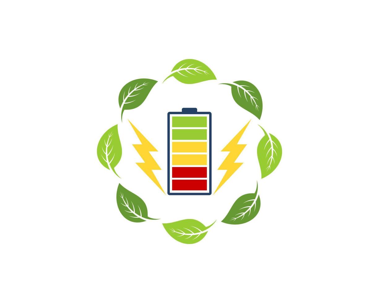 cirkelvormig natuurblad met elektrische batterij en bliksem vector