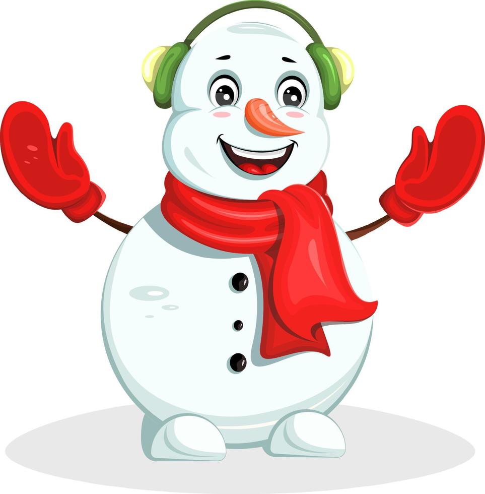 vrolijke sneeuwpop met winteroorkappen, rode handschoenen en sjaal vector