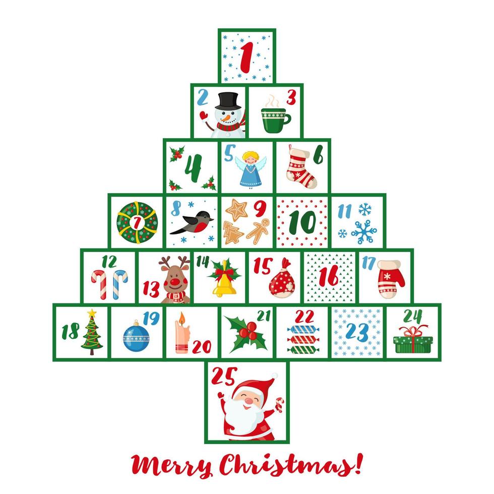 kerst adventskalender in de vorm van een kerstboom met traditionele elementen - santa, herten, snowlake, sok, cadeau. vectorillustratie. vector