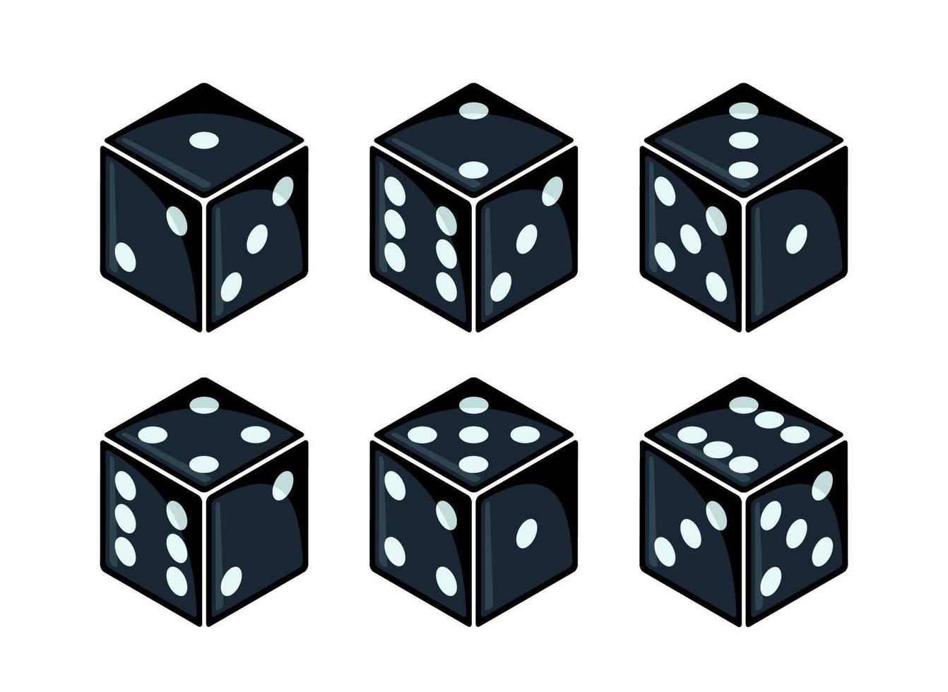 set isometrische zwarte dobbelstenen met witte stippen van verschillende kanten bekijken geïsoleerd op wit. ontwerp voor tafel- of bordspellen, gokken en casino's. vectorillustratie. vector