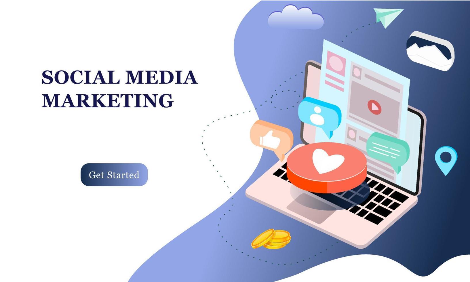 bestemmingspagina van social media marketing. communicatie in sociale netwerken. afbeelding van mobiele telefoon met chat, likes en geld. 3d isometrisch ontwerp voor infographics, banner, website, promotiemateriaal vector