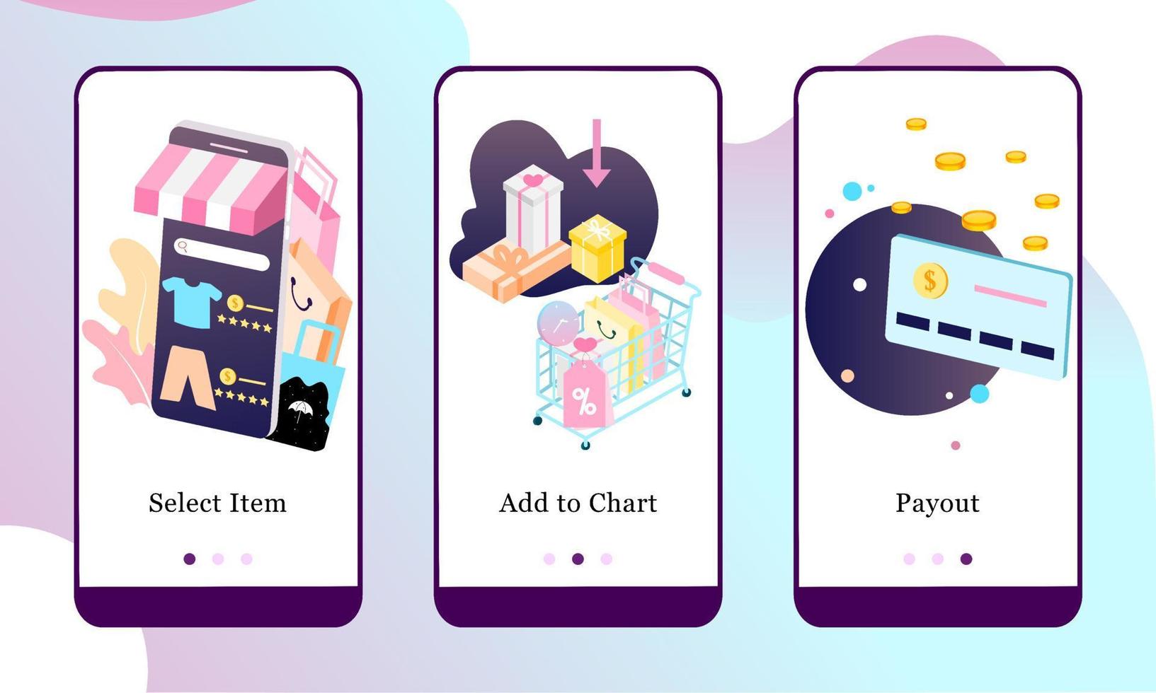 vectorillustratie van geselecteerd item, toevoegen aan grafiek en uitbetaling op de onboarding-app-schermen en webconcept. interface online winkelen ux, ui gui-schermsjabloon voor banners voor smartphones of websites. vector