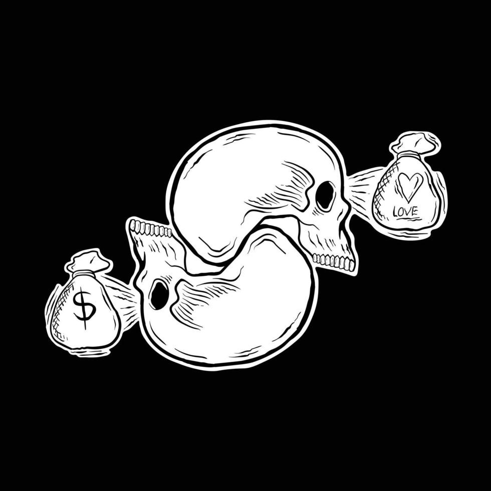 schedel liefde of geld zwart-wit met hand getrokken stijl vectorillustratie vector
