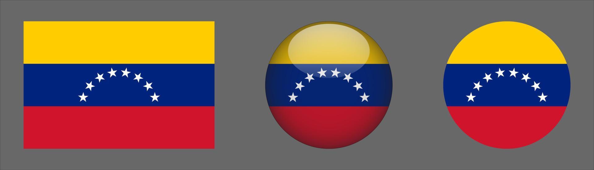 venezuela vlag set collectie, originele maatverhouding, 3d afgerond, plat afgerond. vector