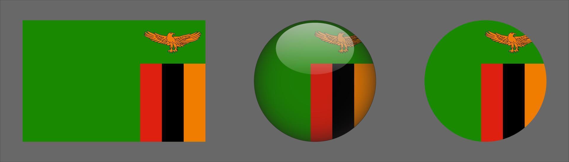 Zambia vlag set collectie, originele maatverhouding, 3D afgerond, plat afgerond. vector