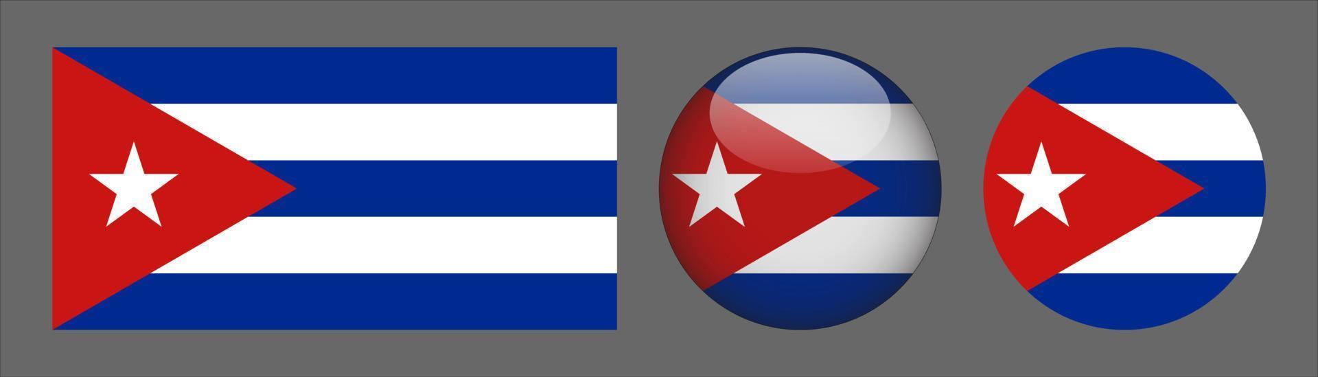 Cuba-vlaggensetcollectie, originele maatverhouding, 3D afgerond en plat afgerond vector