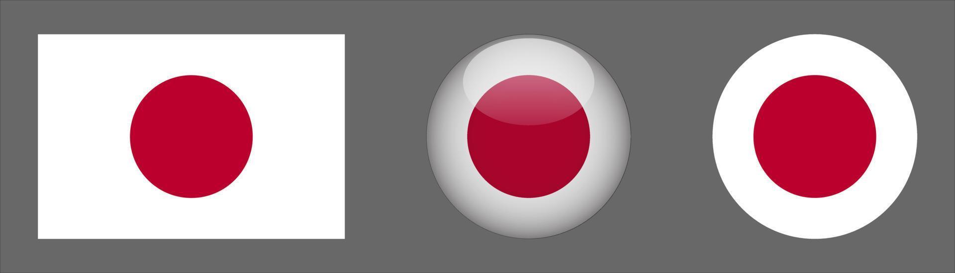 japanse vlaggensetcollectie, originele maatverhouding, 3d afgerond en plat afgerond vector