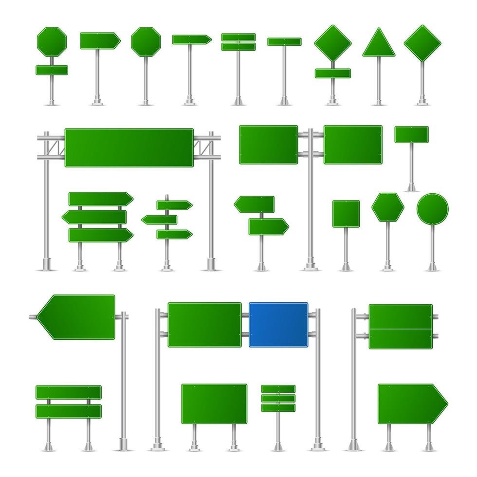 realistische groene straat- en verkeersborden. stad illustratie vector. straat verkeersbord mockup geïsoleerd, uithangbord of wegwijzer richting mock up afbeelding 10 vector
