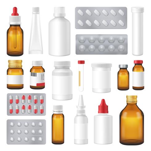 Farmaceutische Flessen Pakketten Pillen Realistische set vector