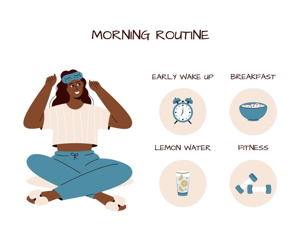schattig meisje met slaapmasker en elementen voor ochtendroutine citroenwater, gewichten, ontbijt, alarm clock.isolated op wit. vector