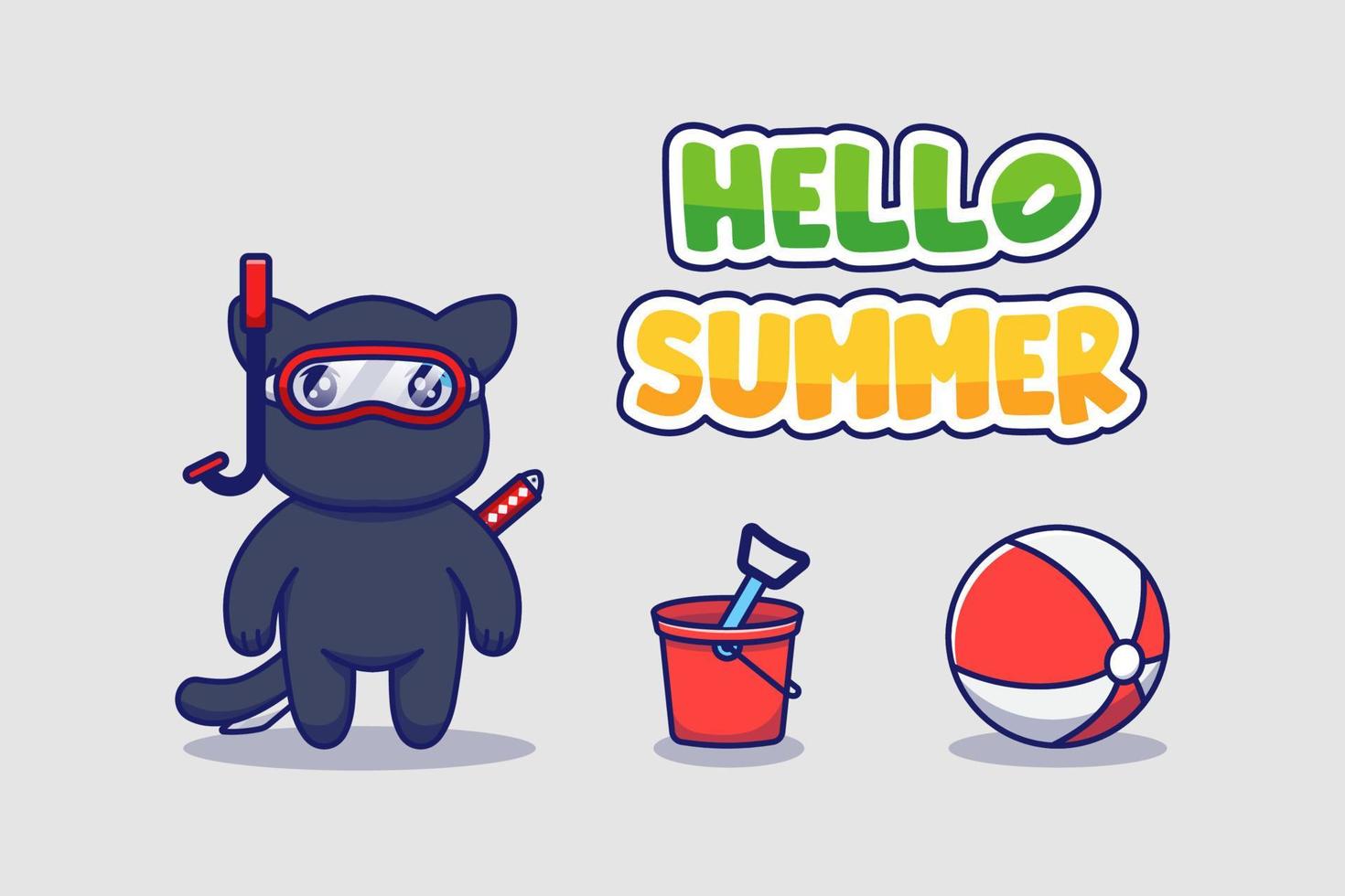 schattige ninjakat met hallo zomergroetbanner vector