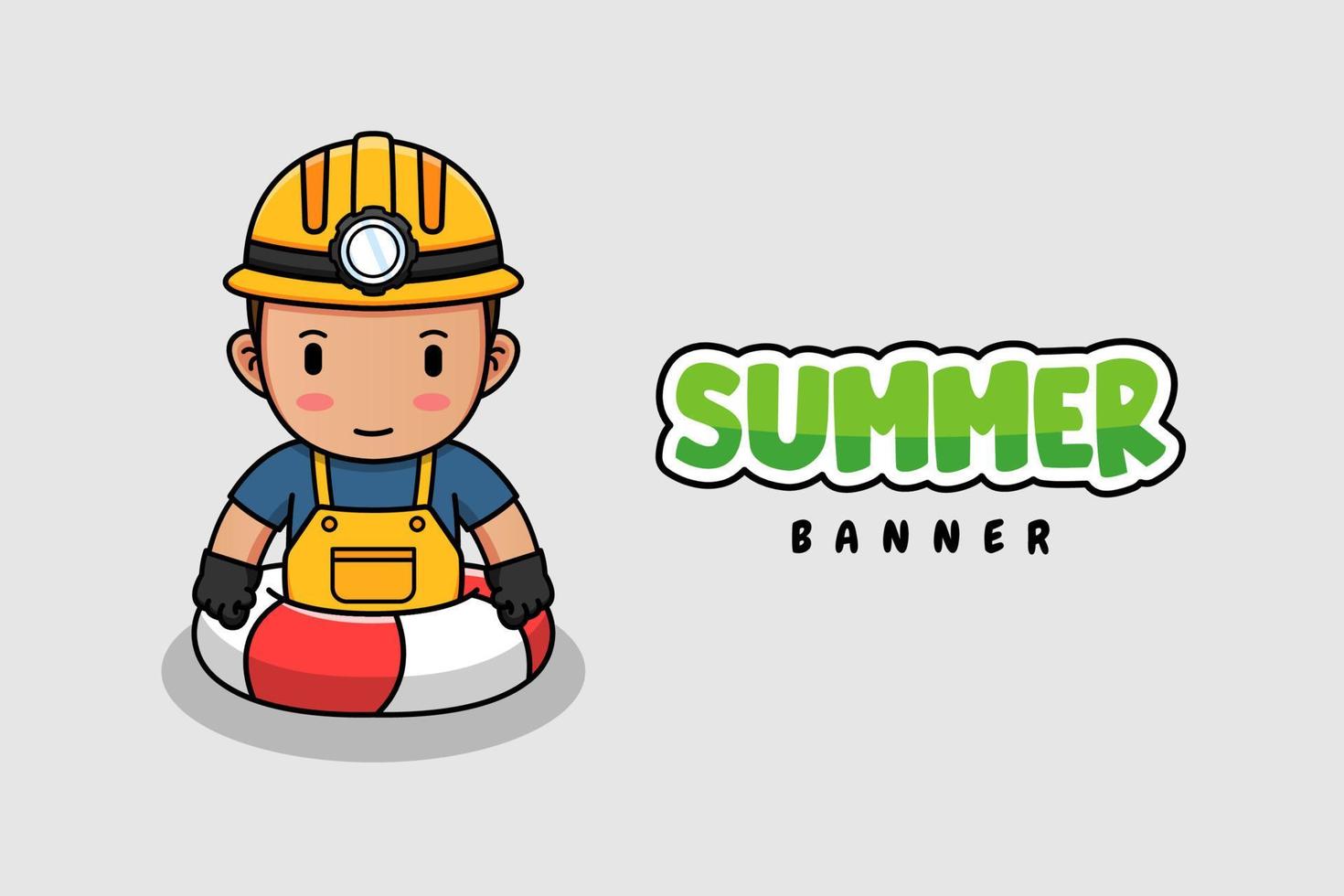 schattige mijnwerker die zwemt met hallo zomergroetbanner vector