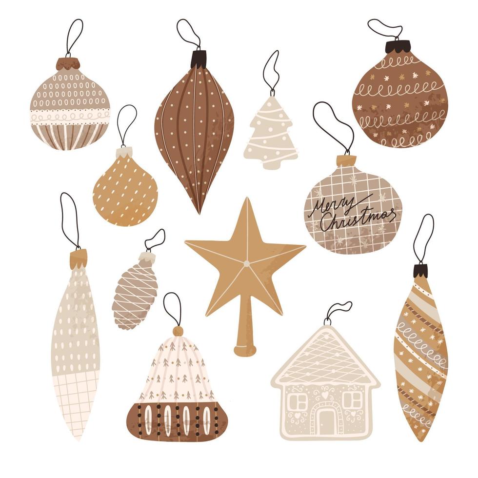 set hand getrokken kerstboom ballen, platte vectorillustratie geïsoleerd op een witte achtergrond. Scandinavische gouden decoratie voor wintervakanties. vector