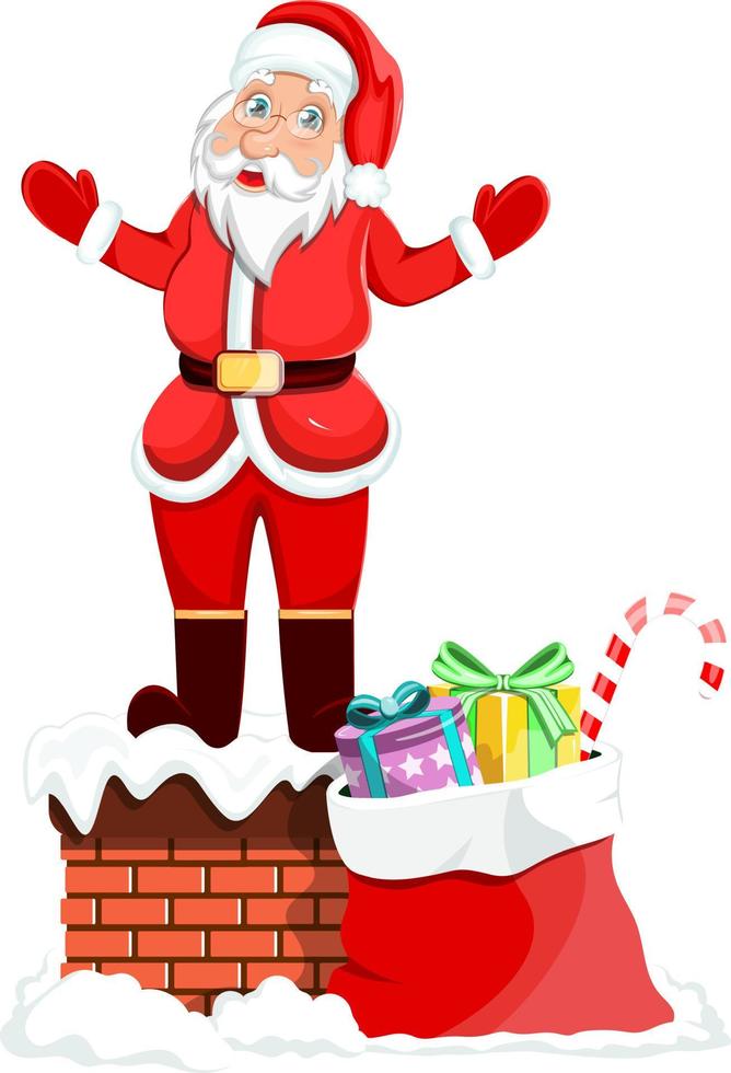 cartoon grappige kerstman in schoorsteen. Kerstmis en Nieuwjaar vector