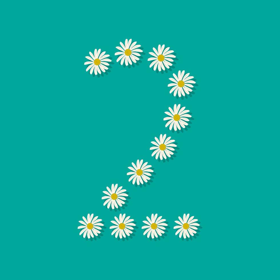 nummer twee van witte kamille bloemen. feestelijk lettertype of decoratie voor lente- of zomervakantie en design. platte vectorillustratie vector