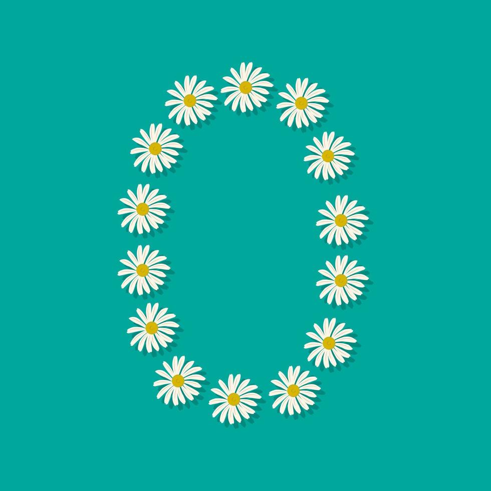 nummer nul van witte kamille bloemen. feestelijk lettertype of decoratie voor lente- of zomervakantie en design. platte vectorillustratie vector