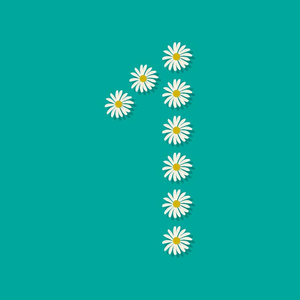 nummer één van witte kamille bloemen. feestelijk lettertype of decoratie voor lente- of zomervakantie en design. platte vectorillustratie vector