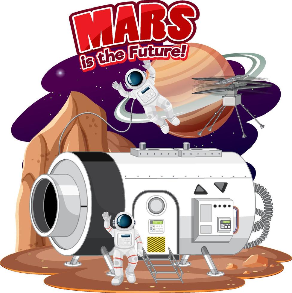 mars is het toekomstige woordlogo-ontwerp met ruimtestation vector