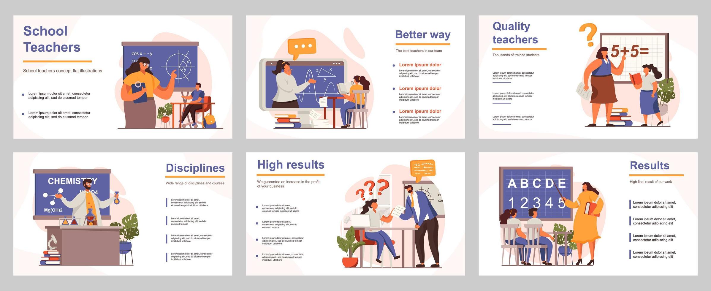 schoolleraren concept voor presentatiesjabloon. mensen geven verschillende lessen en leggen lesmateriaal uit aan leerlingen in de klas. vectorillustratie met platte personen voor lay-outontwerp vector